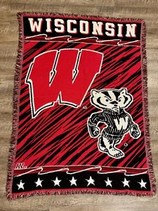 Vintage University Of Wisconsin Badgers Knit Throw Blanket Bucky Zebra Print - Picture 1 of 9