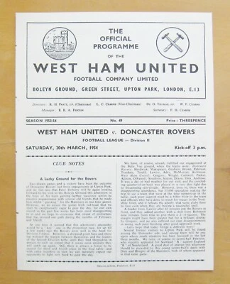 WEST HAM UNITED v DONCASTER ROVERS 1953/1954 *Exc Condition Football Programme* - Image 1 of 3