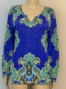 ONE WORLD P L Blue Green Paisley Sparkle Knit BLOUSE TOP Long Sleeves Split V Nk - Picture 1 of 11