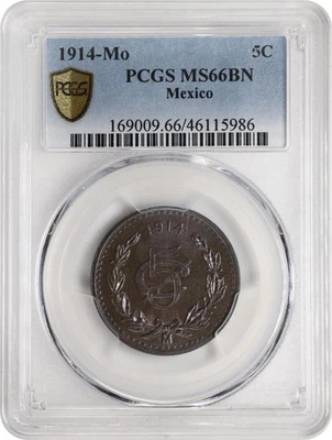 MEXICO ESTADOS UNIDOS  1914  5 CENTAVOS COIN PCGS CERTIFIED UNCIRCULATED MS66-BN - Image 1 of 4