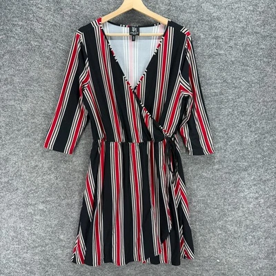 Derek Heart Wrap Dress Women 1X Plus Black Striped Midi Tasseled Tie Up V-Neck - Image 1 of 4