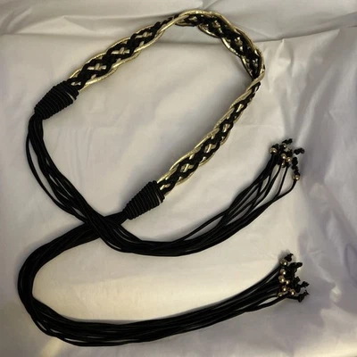 Cinturón para mujer trenzado negro dorado cojo boho glam cinturón con cuentas flecos Foto 1 de 4