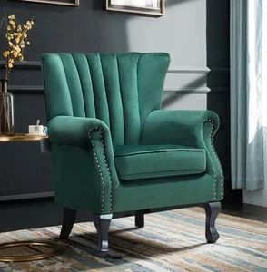 Velvet Armchair Chesterfield Wing Back Accent Chairs Lounge Tub Queen Anne Sofa - Picture 1 of 20
