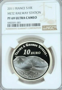 2011 FRANCE SILVER 10 EURO METZ RAILWAY STATION NGC PF 69 ULTRA CAMEO TOP POP - Picture 1 of 3
