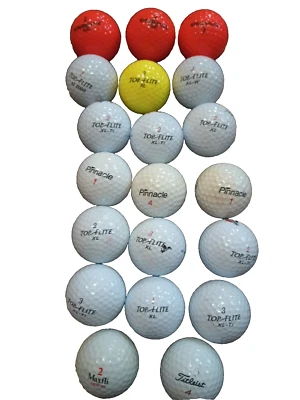Lotes de 20 bolas de golfe 16 brancas 3 laranja 1 amarelo topo de golfe Flite Pinnacle usado - Imagem 1 de 4