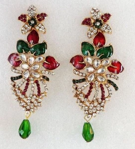 Orecchini gioielli indiani etnici Bollywood oro verde rosso smaltati dipinti ... - Foto 1 di 1