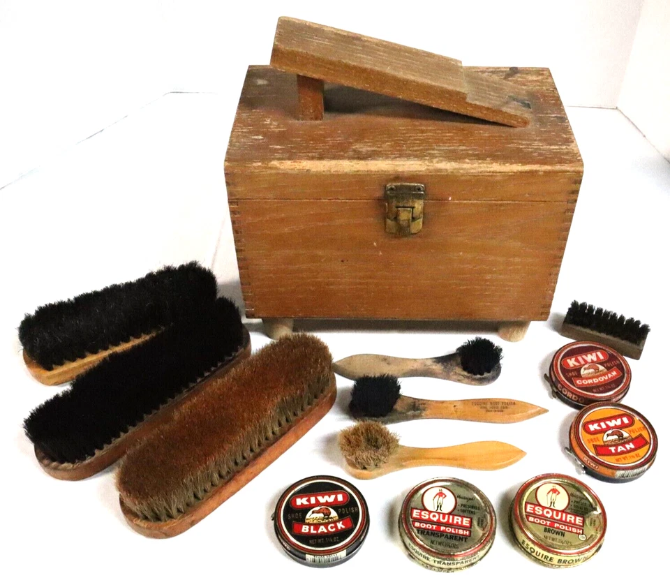 Kit de brillo de zapatos de caja de madera vintage con cepillos Kiwi Esquire pulido PESTILLO DEFECTUOSO Foto 1 de 4