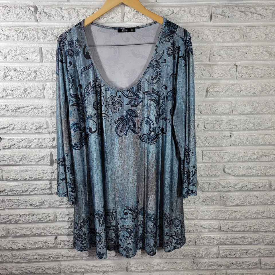 Lily Firmiana Womens Dress 3XL Plus Long Sleeve Mini Poly Blend Blue Paisley - Image 1 of 4