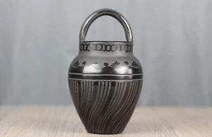 Hungarian black handled pottery vase/vessel folk art style signed, 8.5" - Picture 1 of 11