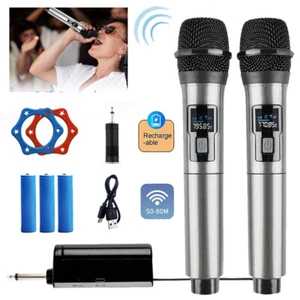 Set Microfono Portatile Doppio Wireless Pro UHF Ricaricabile Karaoke Chiesa - Foto 1 di 11