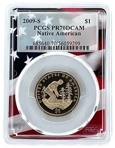 2009 S Sacagawea Dollar PCGS PR70 DCAM Flag Frame - Picture 1 of 2