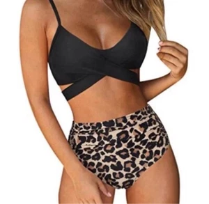 RUUHEE WOMEN CRISS CROSS HIGH WAISTED STRING FLORAL PRINTED 2 PIECE BATHING SUIT - Picture 1 of 2