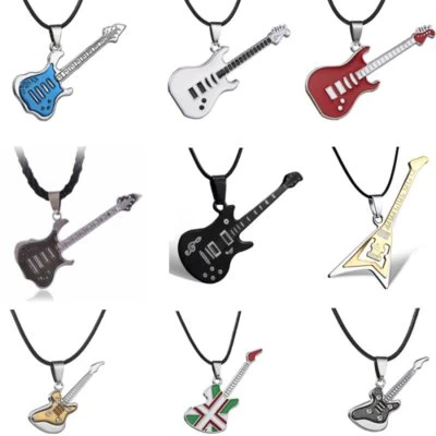 Fashion Men's Unisex Stainless Steel Guitar Pendant Leather Necklace Jewelry New — 第 1/4 张图片