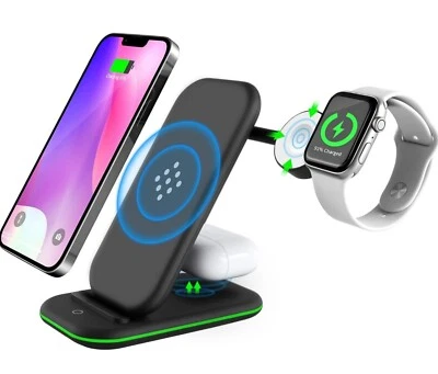 Stazione di ricarica wireless Qi veloce 3 in 1 dock, supporto per iPhone Airpod e Android  - Immagine 1 di 4