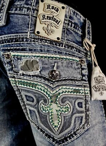 $220 Mens Rock Revival Jeans "Lowry" Camo Leather Inserts Faux Straight 34 X 32 - Picture 1 of 12