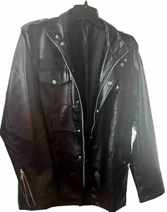 Black Leather AOWFOS Mid-Length Riding Jacket Windbreaker Size M Butter Soft - Picture 1 of 14
