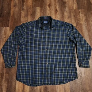 Pendleton Plaid Lodge 100% Virgin Wool Flannel Shirt XXL Long Sleeve Blue Green - Foto 1 di 8