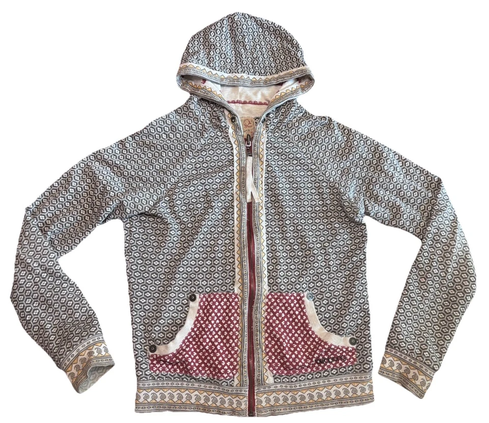 Jaqueta com capuz Billabong Boho feminina M com zíper floral estampa tribal bolsos de algodão - Imagem 1 de 4