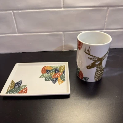 Copo e bandeja de banho de porcelana DANICA STUDIO flora e fauna veados - Imagem 1 de 4
