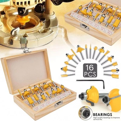 16PCS 1/4" Tungsten Carbide Tipped TCT Router Bits Shank Wood Sealed Bearing Set - Image 1 of 4