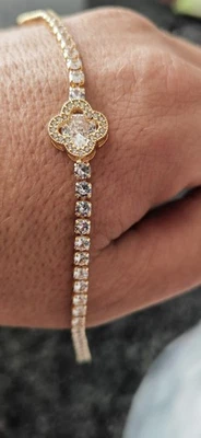 Brazalete Tenis Circonitas Chapado en Oro 18k con Trébol de Cuatro Hojas 16+3cm Ajustable Foto 1 de 4