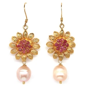 925 Silver Handmade 9 x 10 mm. Peach Pearl & Pink Ruby Earrings - Picture 1 of 4