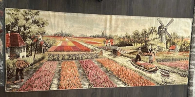 "Alfombra colgante de pared vintage tapiz Suecia Bélgica molino de viento trabajadores agrícolas 69""x26""" Foto 1 de 4