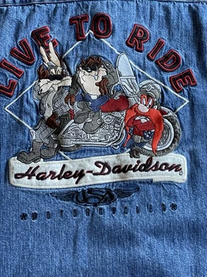 Vintage 90’s Harley Davidson Tax Looney  Tunes L/S Denim Shirt Embroidered XL  - Image 1 of 4
