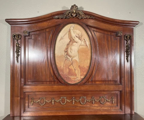 46" French Antique Mahogany and Bronze Pediment/Crown/Crest with Cupid Painting Cover