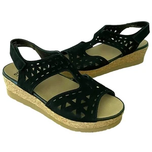 Earth Black Buran Rose Laser Cut Suede Leather Wedge Sandal Size 8 - Picture 1 of 10