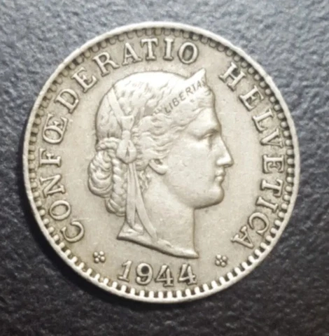 1944-B SWITZERLAND 20 RAPPEN 79 YEARS OLD XF COIN KM 29 Cover