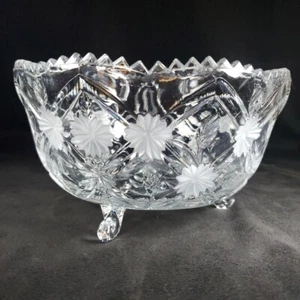 Clear Glass Bowl Large Three Legged with Flower Etched Sawtooth Edge  4.5"Hx8"W - Picture 1 of 8