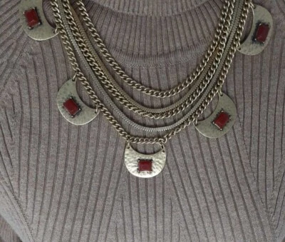 Lucky Brand multi chain gold tone necklace with red stones measure 16" in length - Image 1 of 4