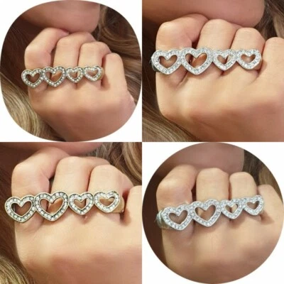 Lady Pimp Rapper Mob Gangsta Ice Bling 3-Finger Love Hearts 'Plate' Crystal Ring - Image 1 of 4