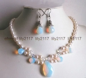 Genuine natural 6-7mm white pearl opal gems pendant earring necklace set 18'' - Picture 1 of 5