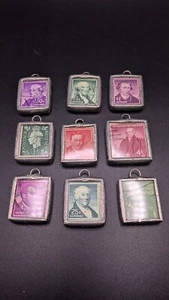 9 Reversible Stamp Pendants Double Sided Lot Glass Soldered 1" Charms - Picture 1 of 13