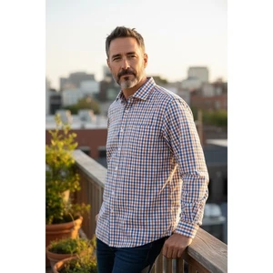 Camisa de vestir Todd Snyder New York para hombre con botones 17,5 34/35 azul naranja a cuadros - Imagen 1 de 9