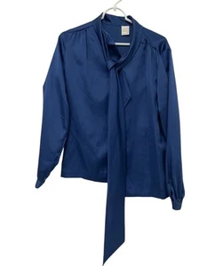 Jantzen Damenbluse blau Satin zum Binden Schleife Knopf 12 Langarm Vintage - Bild 1 von 7