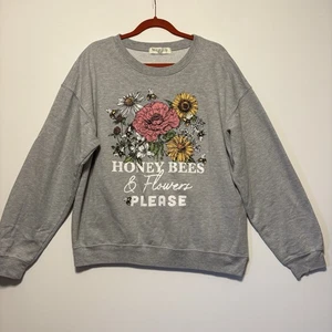 Honey Bees And Flowers Please Sweater Oversized Gray Size XXL Floral Streetwear - Picture 1 of 8
