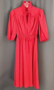 Red Polka Dot Midi Dress Small Ruffle Collar Rockabilly 1970s Vintage 3/4 Sleeve - Picture 1 of 7