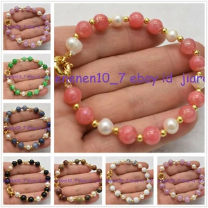Beaytiful 7-8mm White Pearl & 8mm Multicolor Gemstone Gems Bead Bracelet 7.5in - Picture 1 of 21