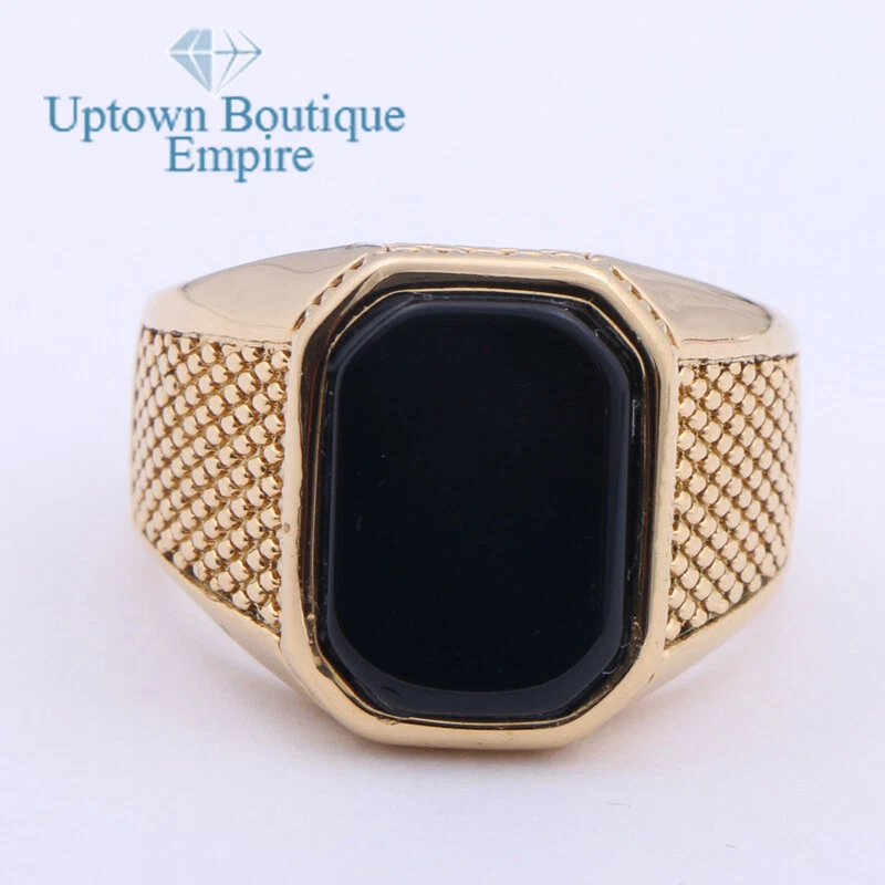 Anillo rectangular de acero inoxidable chapado en oro con piedras preciosas de ónix negro para hombre #AAH Foto 1 de 1