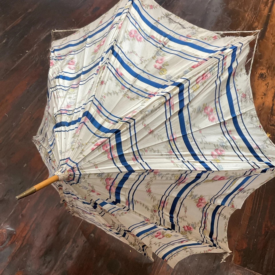 Antique Victorian Handmade Silk Tall Floral Blue Parasol Carved Wooden Shaft - Image 1 of 4