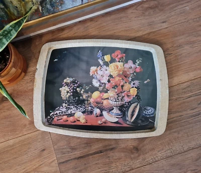 VINTAGE/RETRO TIN SERVING TRAY STILL LIFE FRUIT AND FLOWERS - Image 1 of 4