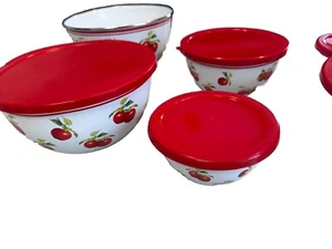 Set 6 ciotole di miscelazione vintage smaltate mela rossa nido con coperchi 🍎 - Foto 1 di 24