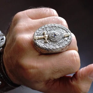 Massive King Lion Ring Sapphire eyes Solid Silver 925 Sterling Statement Jewelry - Picture 1 of 10