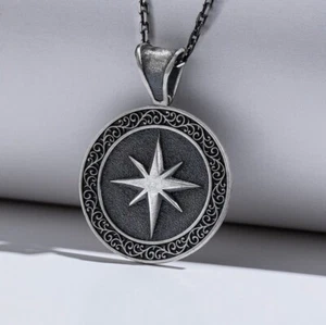 Vento Rosa Marinaio Bussola Amuleto Rotondo 925 Pendente Argento Sterling Regalo - Foto 1 di 2