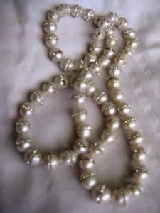 Vtge Cultured Pearls 10 mm belted w Rhinestones Necklace no clasp 23" Gift Boxed - Picture 1 of 3