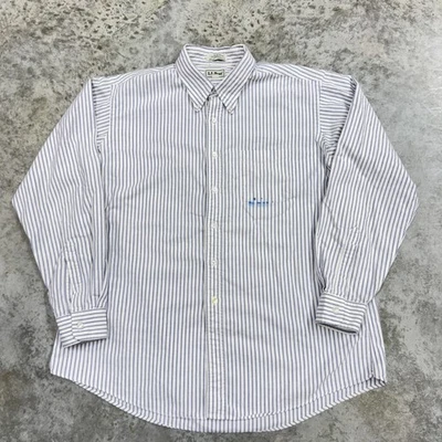 Рубашка мужская L.L.Bean 18-37 синяя полоса на пуговицах сделано в США одна игла - Изображение 1 из 4