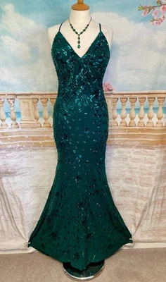 Evening Dress 10 Green Sequin Cross Back QUIZ Ballgown Prom Fishtail Stretch - Image 1 of 4
